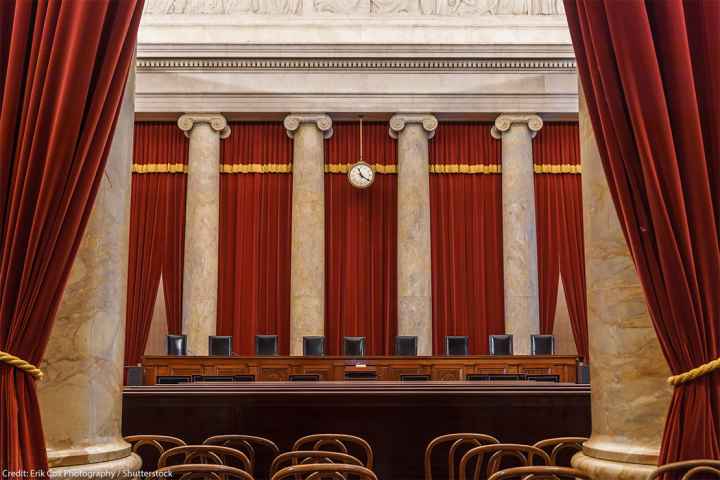 The vacant interior of the US Supreme Court with the justices' equally vacant seats.