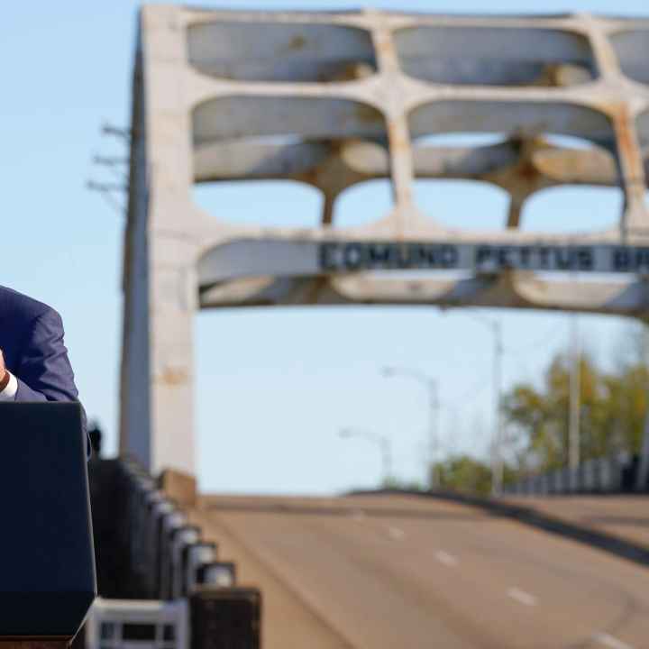 President Joe Biden speaks near the Edmund Pettus Bridge in Selma, Ala., Sunday, March 5, 2023, to commemorate the 58th anniversary of Bloody Sunday.