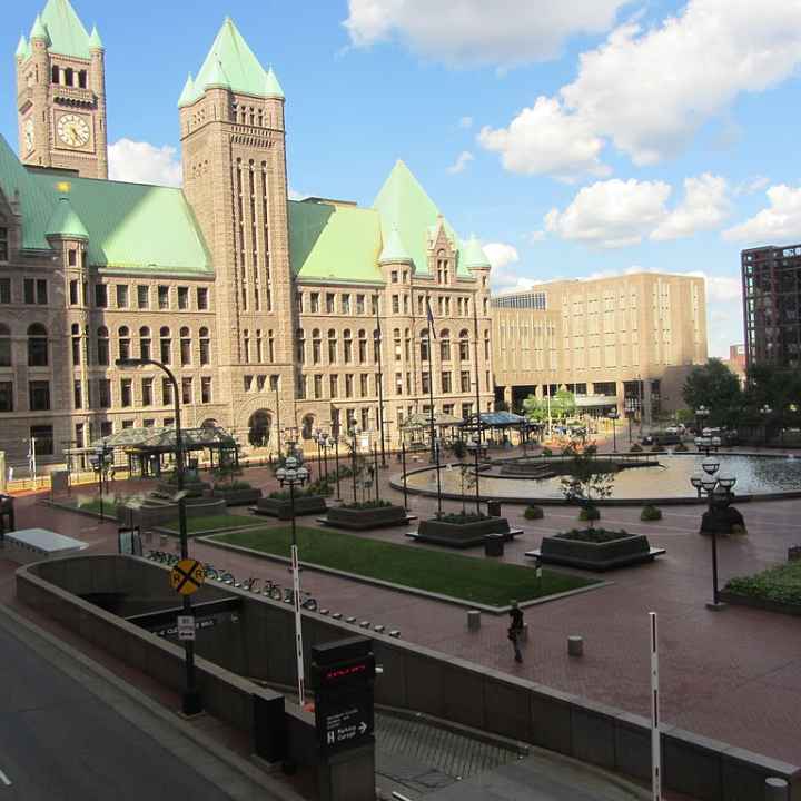 Minneapolis City Hall and the square in front of the building.