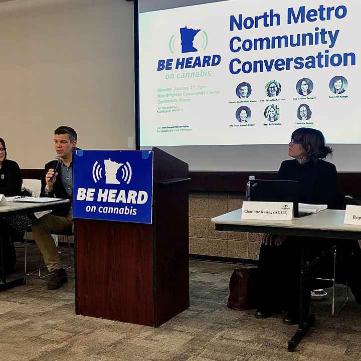 Panelists including Representative Ryan Winkler and ACLU policy analyst Charlotte Resing speak to open the Be Heard on Cannabis, North Metro event.