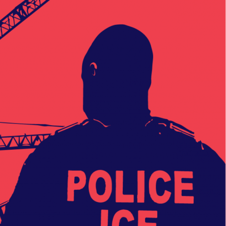 Red background with dark blue silhouette of a person's back with "Police ICE" written on the jacket,