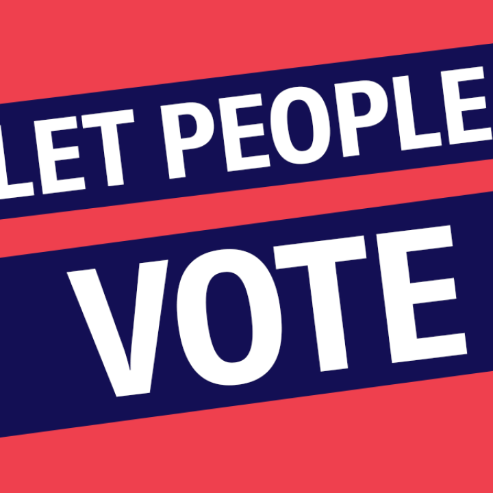 Dark pink background with diagonal navy blue banners reading: "Let People Vote"