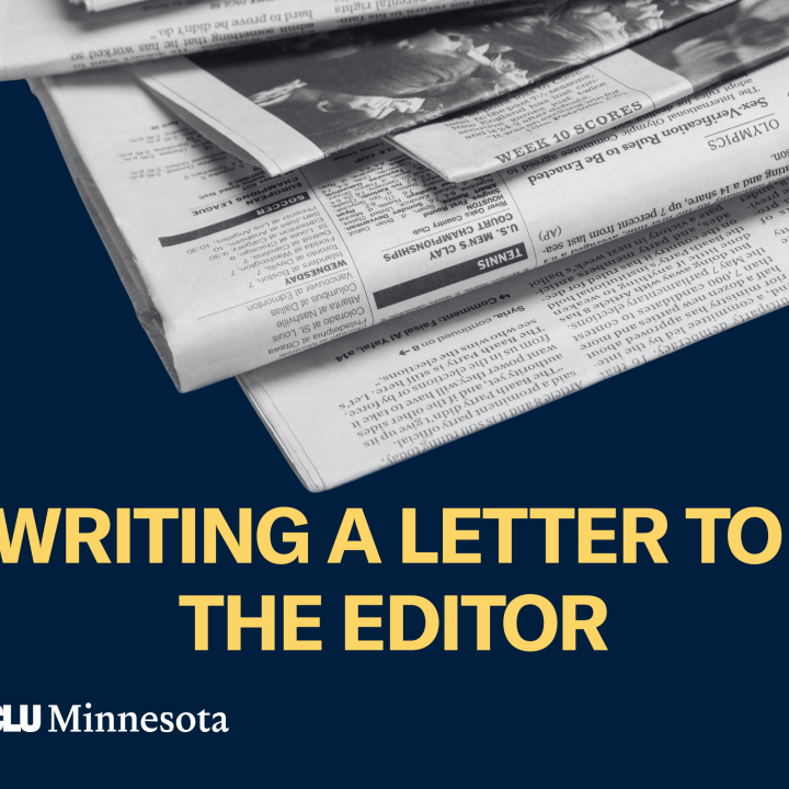 Photo of stacked newspapers on a dark blue background. Beneath the papers is yellow text that says "Writing a letter to the editor."