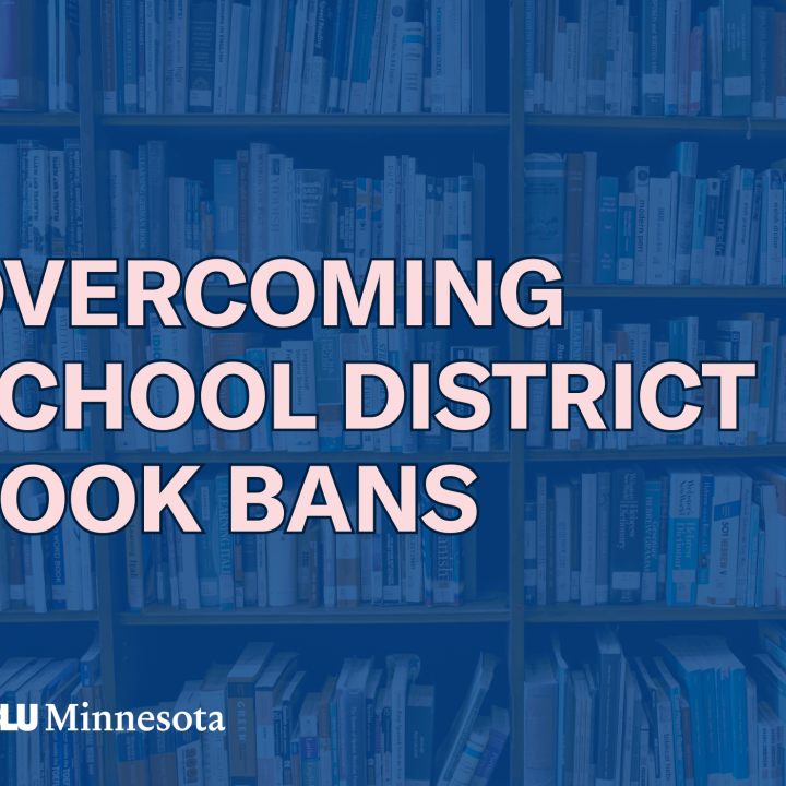 Photo of library shelves with white text that says "overcoming school district book bans"