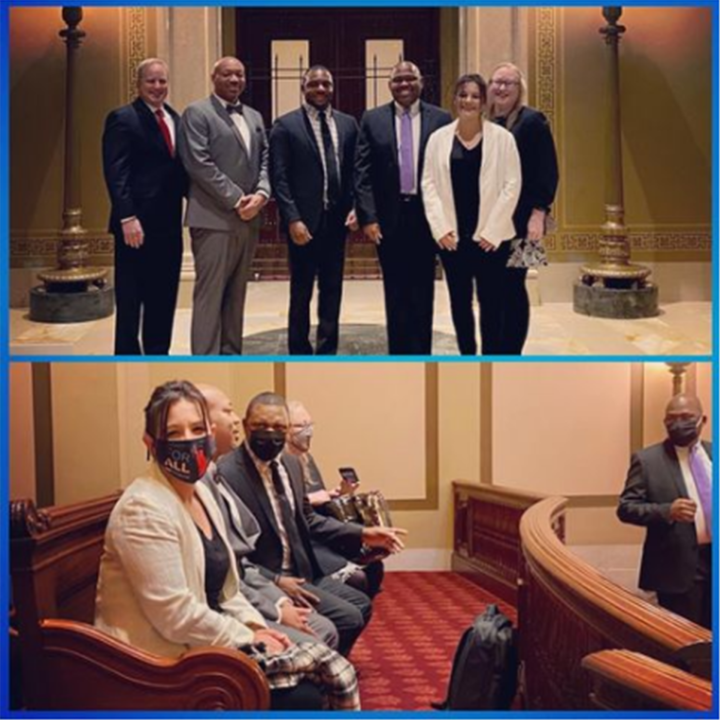 Attorneys representing Elizer Darris and Jen Schroeder at the Minnesota State Capitol. Photo of ACLU-MN attorneys and clients in front of the main entrance to the Minnesota Supreme Court.