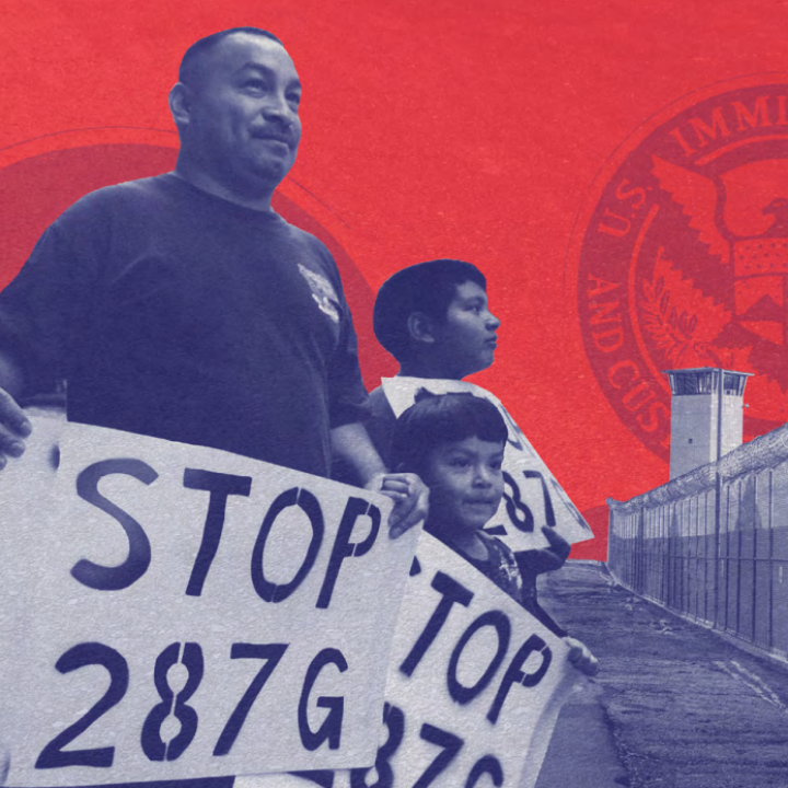 Man and two young boys carry signs that say "Stop 287(g)."