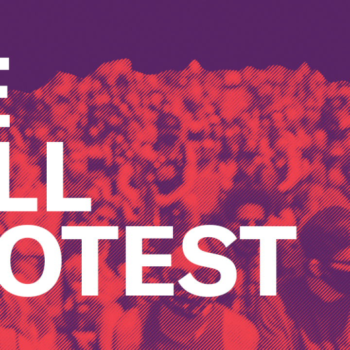 Large, marching crowd with a red image filter beneath purple field with text reading: "We will Protest"