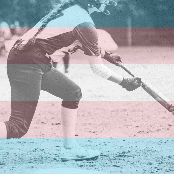 Black and white photo of woman bunting a softball. Over the photo are blue, pink and white stripes
