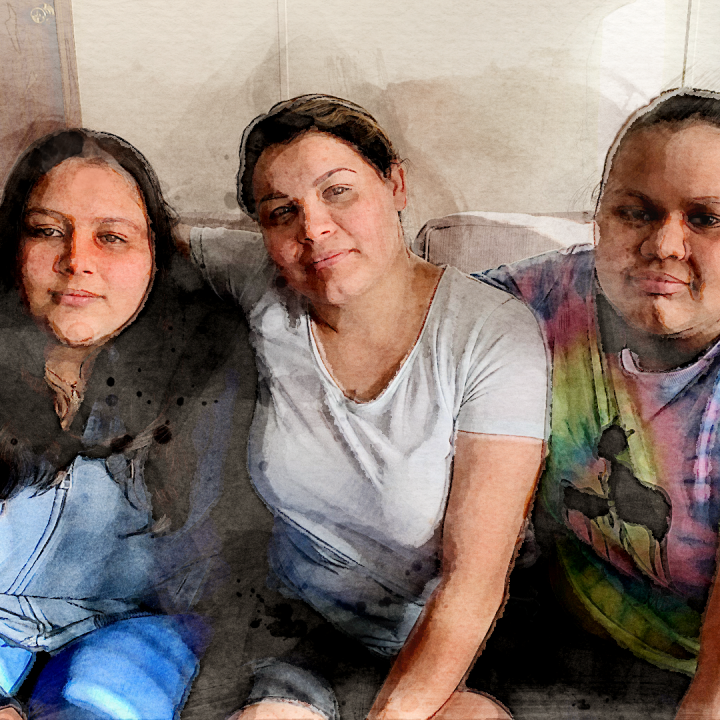 A digital watercolor portrait of the Villalobos sister and their mother