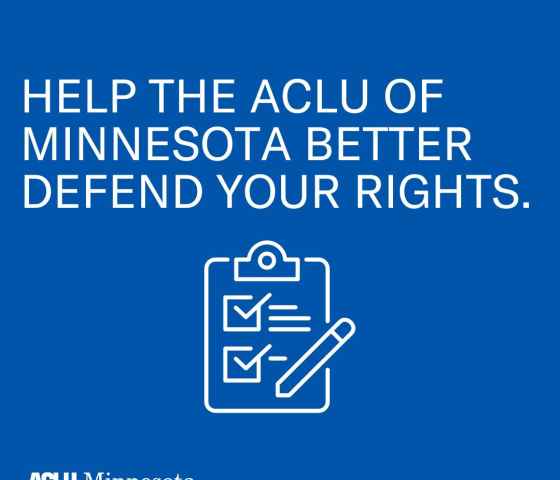 White text on a blue background that says "Help the ACLU of Minnesota better defend your rights."