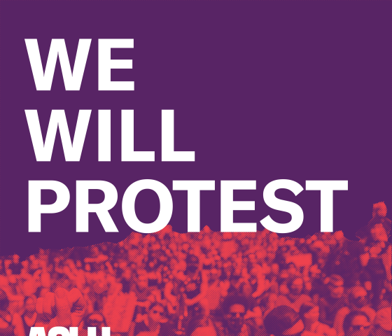 Large, marching crowd with a red image filter beneath purple field with text reading: "We will Protest"